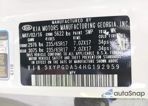 2017 Kia Sorento 3.3L Lx из США, поврежденный, VIN 5XYPGDA54HG192959